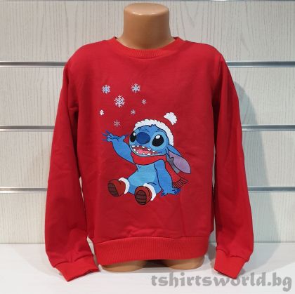 Детска коледна ватирана блуза с дълъг ръкав Стич (Stitch) в червен цвят