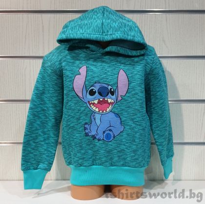 Детски суитшърт Стич (Stitch) в цвят зелен меланж